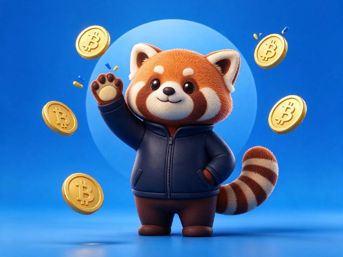 Shakey the red panda waving among floating bitcoin coins