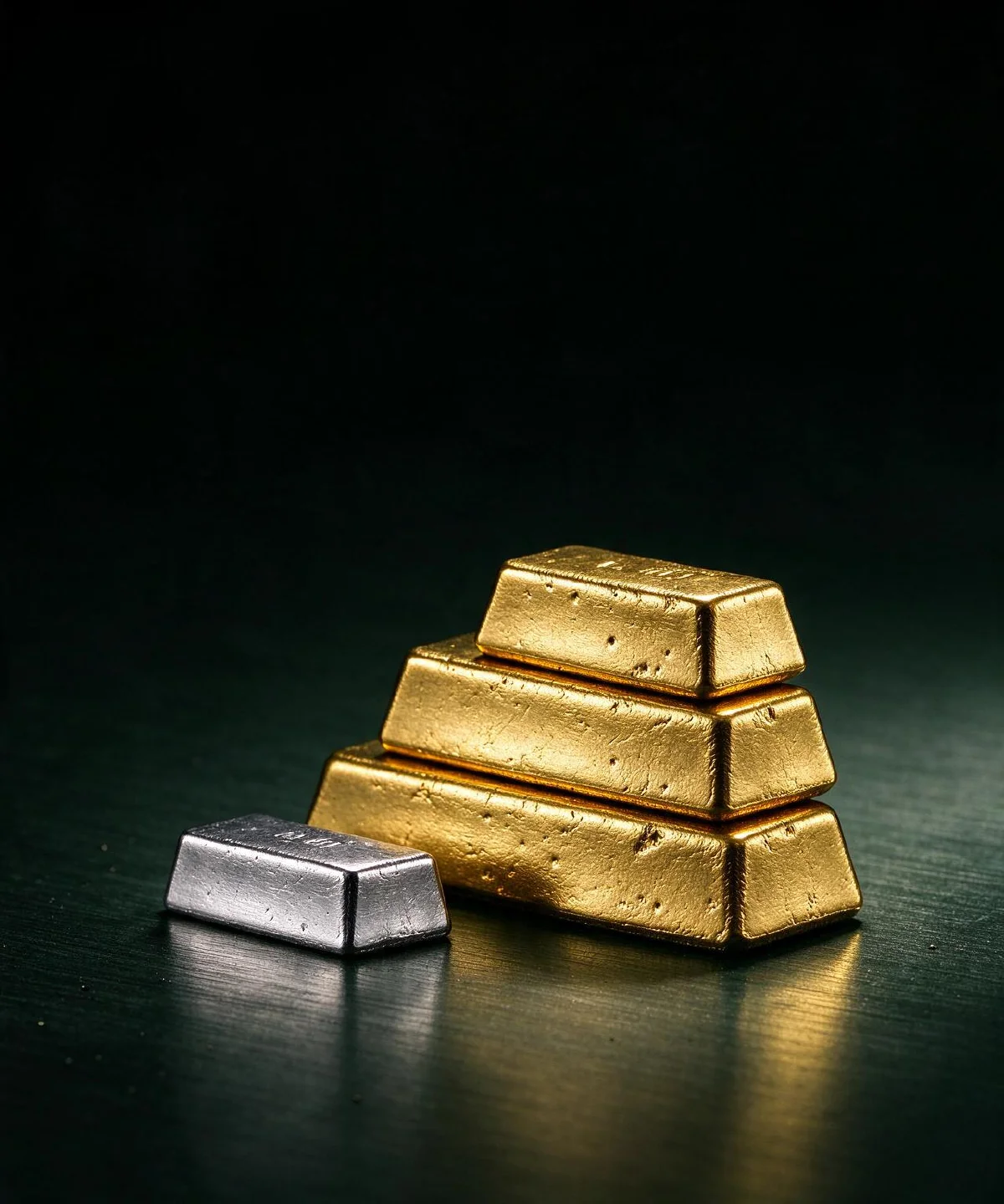 Cast gold bullion bars stacked beside a silver bar on a dark brushed surface