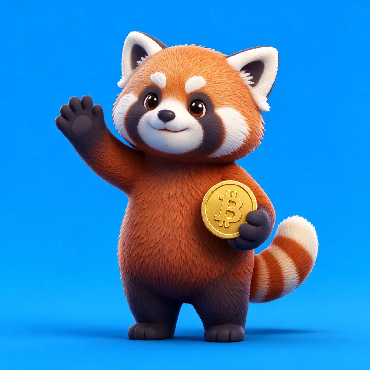 Shakey, Shakepay's red panda mascot, holding a bitcoin
